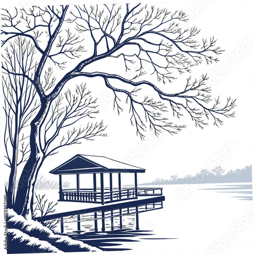 Winter lakeside shelter with frosted branches and wooden dock