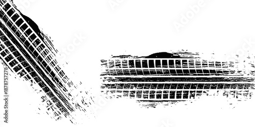 Tire track. Car, bike, motorcycle tyre mark with grunge effect isolated on white background. Wheel footprint on the road. Top view of rubber protector mark