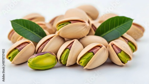 Wallpaper Mural Premium Roasted Pistachios With Split Casings and Green Leaves on White Background.jpg Torontodigital.ca