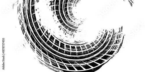 Tire track. Car, bike, motorcycle tyre mark with grunge effect isolated on white background. Wheel footprint on the road. Top view of rubber protector mark