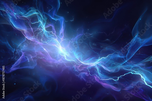 Electric blue energy field with jagged arcs and radiant plasma swirls in an atmospheric abstract scene