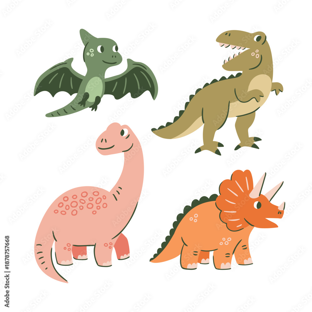 Obraz premium Vector dinosaurs collection. Cartoon cute characters isolated on white background. Diplodocus, pterodactyl, triceratops, tyrannosaurus rex kids illustration.