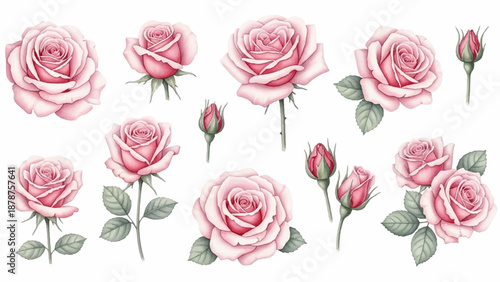 Delicate watercolor pink roses and buds, elegant floral illustration with soft petals and green leaves, perfect for designs