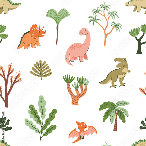 Vector dinosaurs seamless pattern. Jurassic plants and animals on white background. Cartoon cute dino seamless print design for fabric or wallpaper.