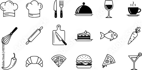 Simple hand-drawn kitchen utensils and cooking essentials in a clean line art style
