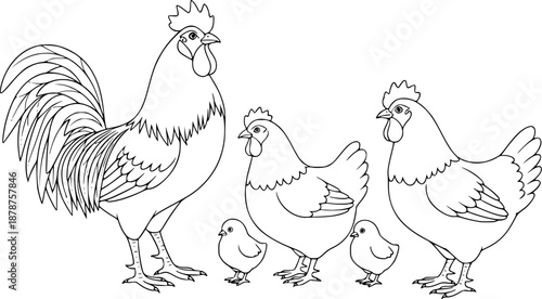 Farm animal family outline: rooster, hen, and chicks line art for kids
