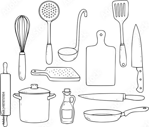 Simple hand-drawn kitchen utensils and cooking essentials in a clean line art style
