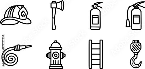 Firefighter equipment icons in black and white on a clean background

