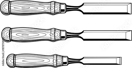 Detailed illustration of three wood chisels isolated on a white background
