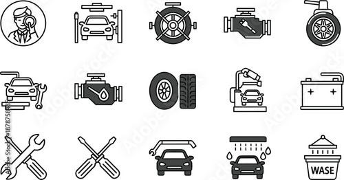 Auto repair and car service outline icons set for vehicle maintenance workshop and mechanic operations