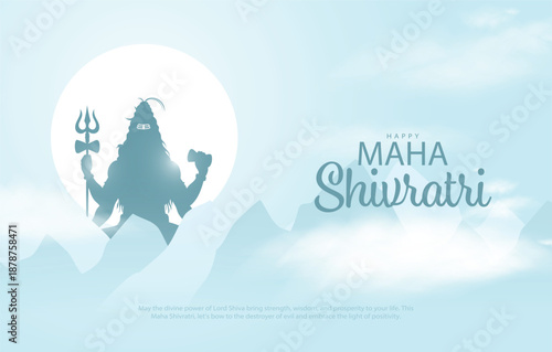 Happy maha Shivratri, a Hindu festival celebrated of lord shiva night. Creative vector illustration design with silhouette of lord shiva and trishul in mountains.