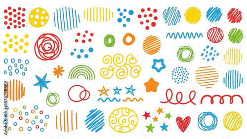 Vibrant doodle elements collection featuring various shapes and patterns