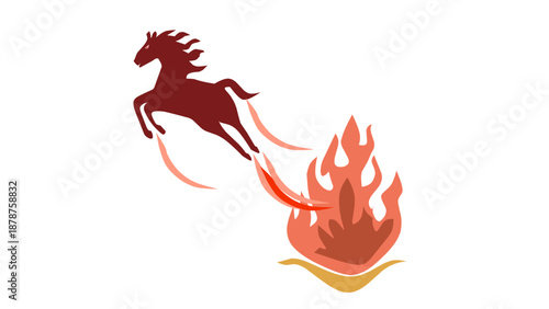 Stylized fire horse jumping through flames, symbolizing strength, luck, and Lunar New Year spirit