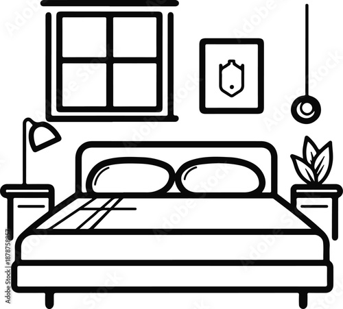 line drawing of a bedroom with bed and furniture
