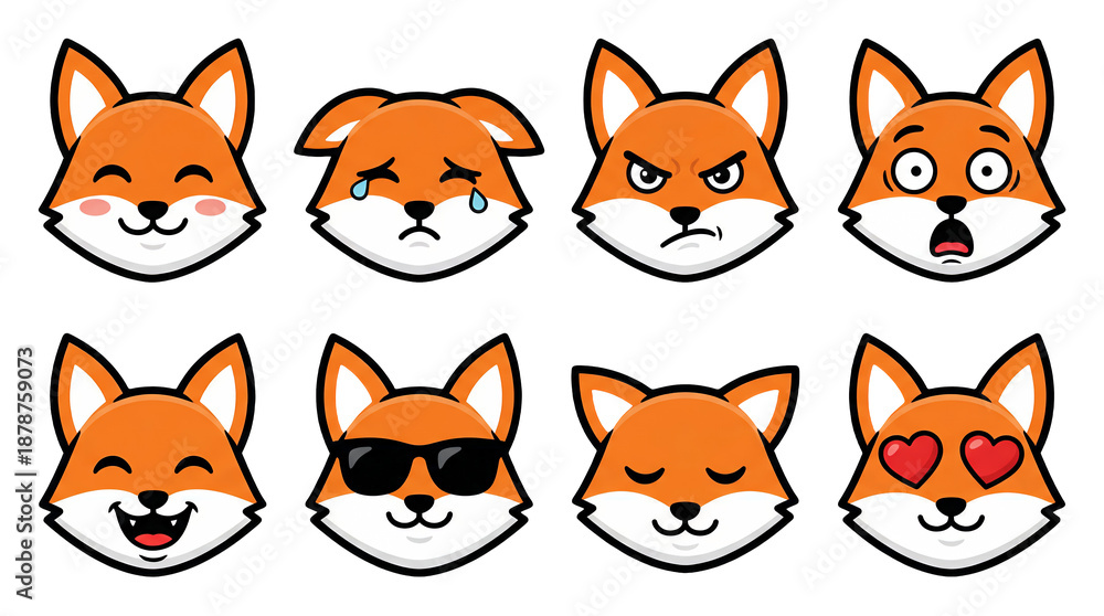 Fototapeta premium Cartoon red fox face set including happy, crying, angry, shocked, laughing, cool, sleeping, and love expressions isolated. Mascot character stickers and emotion icons.