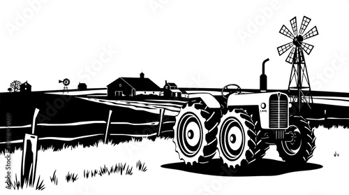 Minimal black farm illustration in a flat graphic style, featuring a vintage tractor facing right with clean lines and simple shapes, set amidst a serene rural landscape with farm buildings in the bac