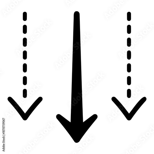 Minimalist black icon of three downward arrows symbolizing decrease, falling trends and recession