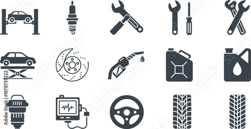 Car maintenance and auto repair icons set with tools parts and vehicle service equipment
