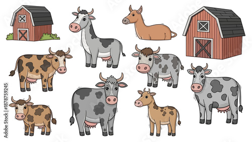Cows gathered around barns in a farm scene from a top-down viewpoint