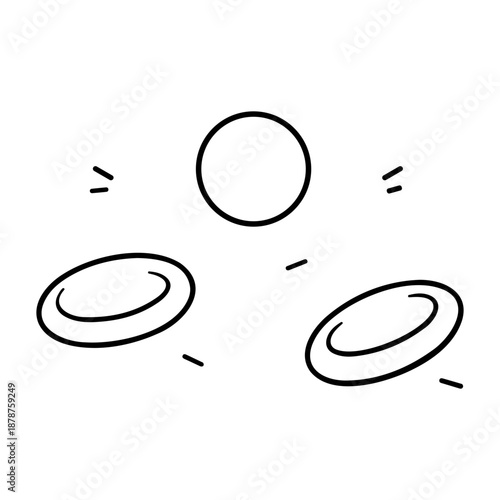 Minimalist hand drawn sketch of floating coins or circular objects with motion lines