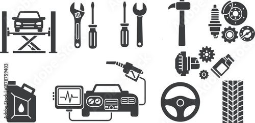 Car repair and auto service icons set with mechanic tools vehicle parts and maintenance equipment