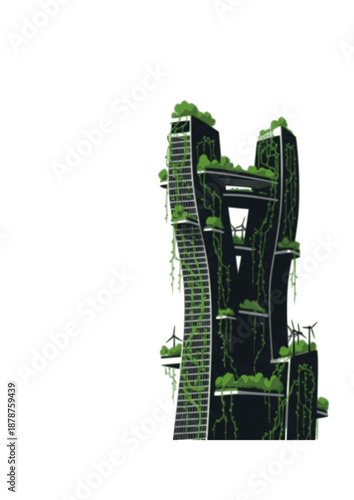 Metabolic Architecture Silhouette, Bio Integrated Skyscraper with Green Vines, Sustainable Urban Design and Future City Concept Vector