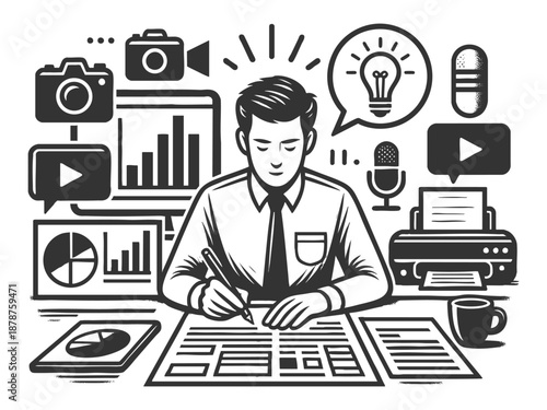 businessman analyzing charts and planning digital marketing strategy with graphs, social media, and content tools sketch engraving generative ai vector illustration. Scratch board. Black and white.