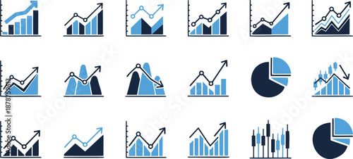 Business analytics chart icons set with growth trends line graphs and financial data visualization