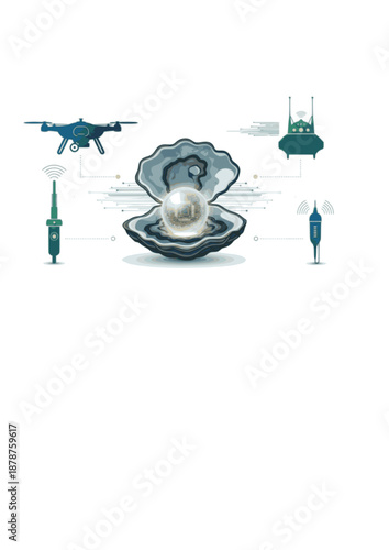 Marine Bio-monitoring Silhouette, Oyster Pearl with Microchip Pattern, Ocean Technology and Smart Water Quality Concept Vector Graphic