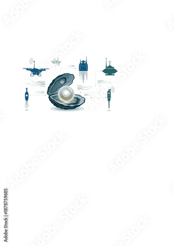 Marine Bio-monitoring Silhouette, Oyster Pearl with Microchip Pattern, Ocean Technology and Smart Water Quality Concept Vector Graphic
