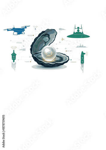 Marine Bio-monitoring Silhouette, Oyster Pearl with Microchip Pattern, Ocean Technology and Smart Water Quality Concept Vector Graphic