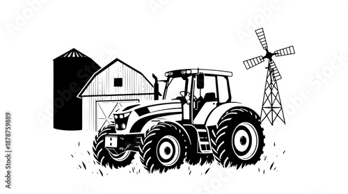 Agriculture themed vector silhouette in black and white, featuring a prominent tractor at the forefront, accompanied by a traditional barn, a tall silo, and a classic windmill in the background, all r