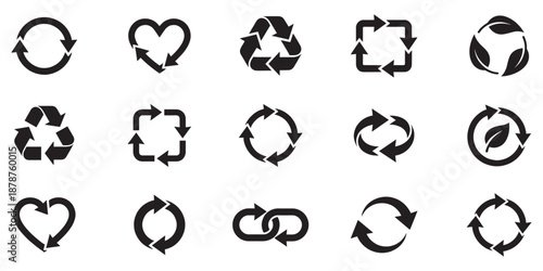 Recycle vector icon set. Arrows, heart and leaf recycle eco green symbol. Rounded angles. Recycled signs illustration isolated on white background. Recycling arrow ecofriendly. Vector Illustration. 
