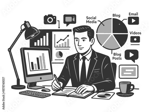 businessman analyzing charts and planning digital marketing strategy with graphs, social media, and content tools sketch engraving generative ai vector illustration. Scratch board. Black and white.