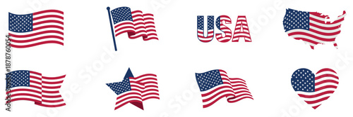 USA flag icon set. Stripes flags united states with stars. 4 July, Veteran and Memorial day vector banner. American national symbol isolated on transparent background. Vector illustration. Vector Grap