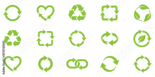 Recycle vector icon set. Arrows, heart and leaf recycle eco green symbol. Rounded angles. Recycled signs illustration isolated on white background. Recycling arrow ecofriendly. Vector Illustration. 