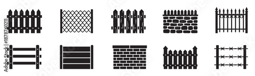 Various fence icon set in black and white illustrating different styles. Vector Illustration.