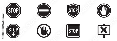 Stop icon set. Stop sign. Stop symbol with hand. Red stop sign icon set. Do not enter. Danger. Traffic signs. Vector illustration. EPS 10