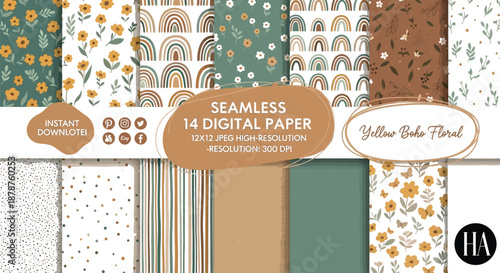 Download beautiful yellow floral boho seamless digital paper for your creative projects