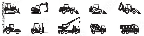 Set of construction machines. Construction transport icons. Collection of black construction vehicle icons including excavators bulldozers cranes and dump trucks isolated on white background.