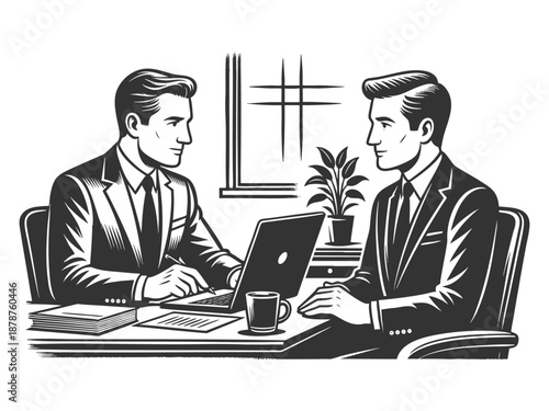 two businessmen in suits discussing work across a desk with a laptop, coffee, and documents sketch engraving generative ai fictional character vector illustration. Scratch board. Black and white image