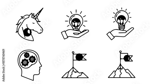 Modern Business Innovation and Strategic Goal Achievement Line Art Icons