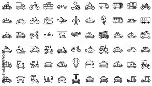 Vehicle Line Editable Icon Set. Containing Car, Truck, Bus, Motorcycle, Bicycle, Airplane, Boat and More. Editable Stroke. Vector Illustration