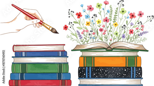 Watercolor painting of books with flowers and a paintbrush for creative learning ideas