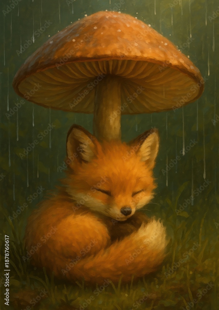 Fototapeta premium Cozy fox under mushroom.
