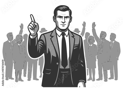 confident businessman pointing upward, standing in front of a group, symbolizing leadership and authority sketch engraving generative ai vector illustration. Scratch board imitation. Black and white.