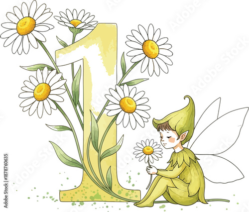 Adorable fairy with daisy flowers celebrating first birthday in a whimsical illustration