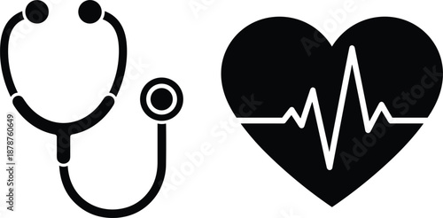 Healthcare medical icon set with stethoscope and heart pulse symbol for diagnosis and cardiology concept