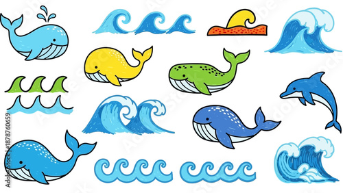 Collection of cartoon marine animals and ocean waves illustrations in various colors