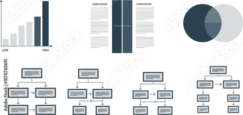 Business comparison charts and workflow diagrams icons set for analysis reports and process visualization